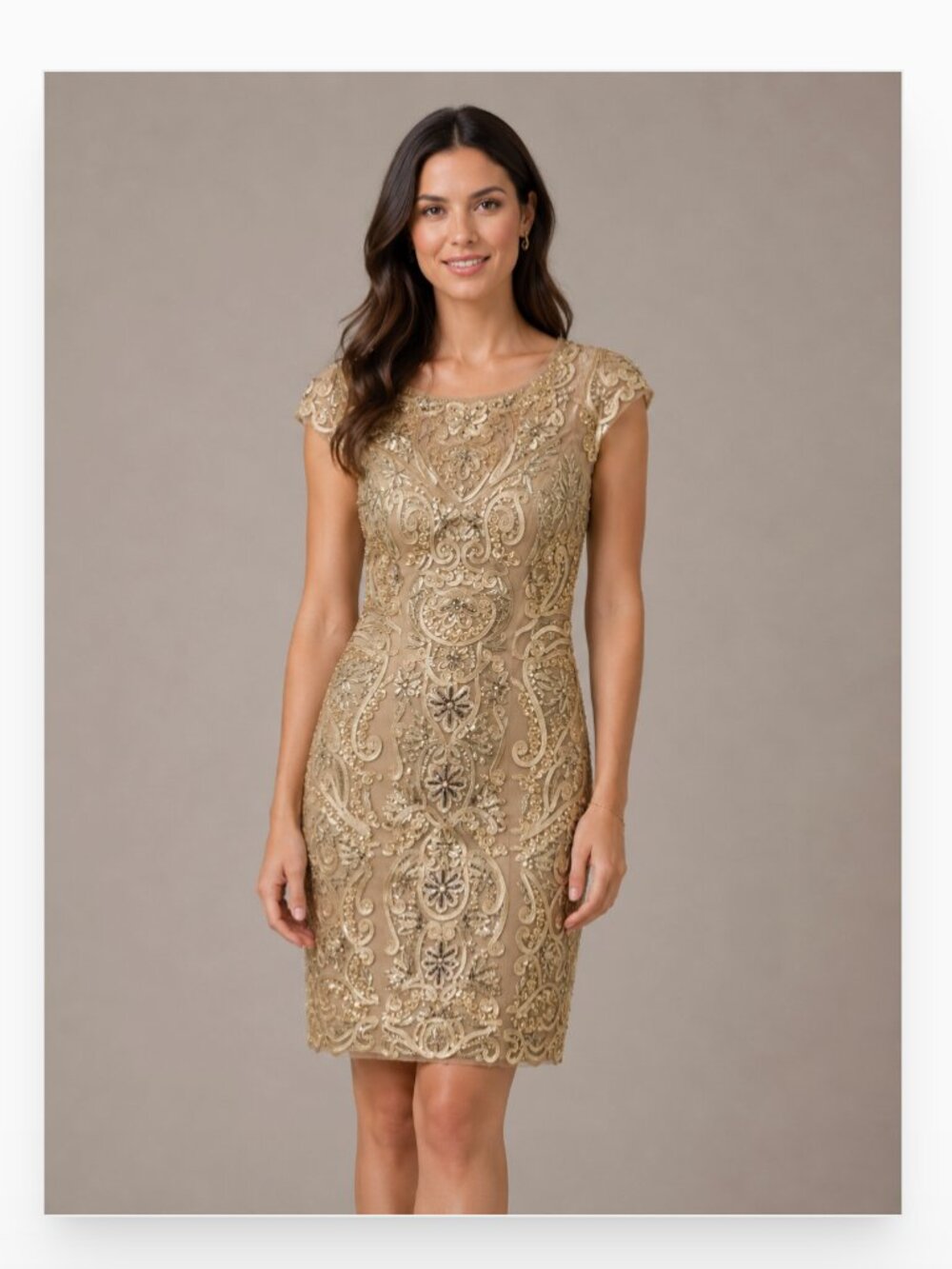 Sue Wong Nocturne Dress Womens 4 Gold Beaded Sequin Embellished Sheath Cocktail